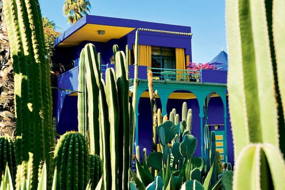 Maison colorée en bleu et jaune, entourée de grands cactus.