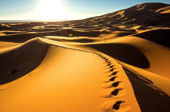 Dunes dorées sous un soleil brillant, avec des empreintes de pas sur le sable.